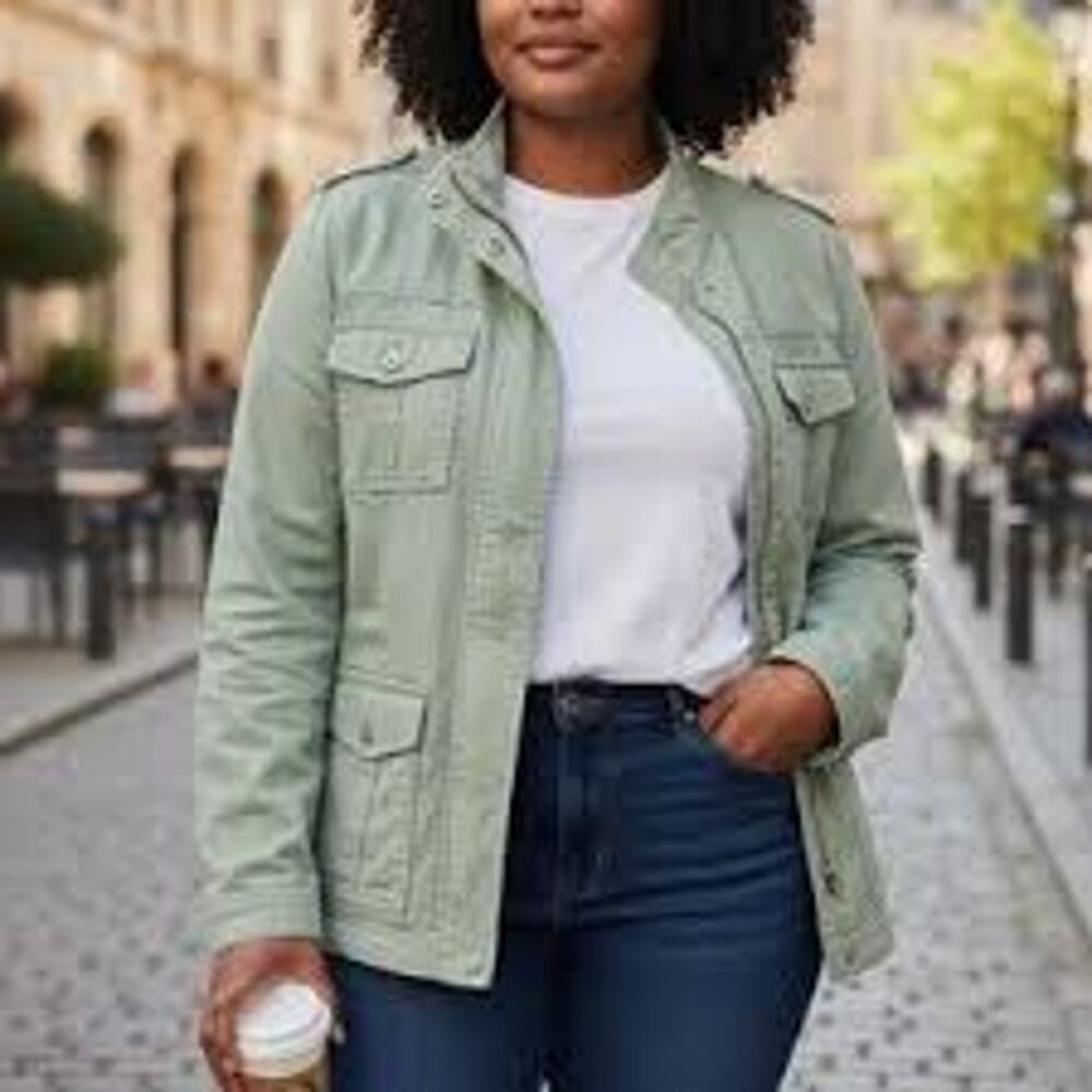 Kensie Womens Size Medium Utility Jacket Army Green Cotton Blend Pockets Stretch